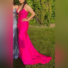 Fuchsia Pink Heat Stone V-Neck Mermaid Gown By Sherri Hill Only Worn Once For 3 Hours Is In A 10/10 Condition, Practically Brand New No Receipt But Was Purchased At Castle Couture Size 8 ( Reference Picture Is 5’3, 147 Lbs ) Dresses With Fringe, Sherri Hill Dresses, Pink Prom Dresses, Mermaid Gown, Sherri Hill, Fuchsia Pink, Mermaid, Castle, Prom Dresses