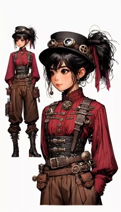 a drawing of a woman in steam punk clothing and hat with long black hair, wearing red