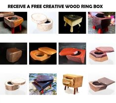 several different types of wooden furniture with the words receive a free creative wood ring box