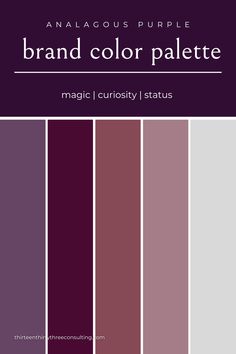 purple color palette with the words,'brand color palette magic curiosity status'in white