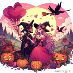 a man and woman dressed up as witches in front of a full moon with pumpkins