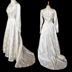 two wedding gowns, one in white and the other in ivory with long sleeves