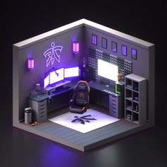 a computer room with purple lighting and furniture