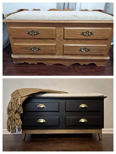 an old dresser has been painted black with gold hardware and is being used as a bench