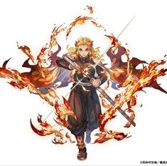 an anime character holding two swords in flames