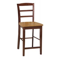 a wooden chair with a ladder back and seat upholstered to the side, against a white background