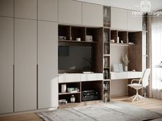 a living room filled with furniture and a flat screen tv on top of a wooden shelf