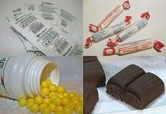 four different pictures with candy and chocolate bars