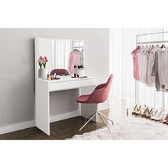 a white dressing table with a mirror, pink chair and clothes rack on the wall