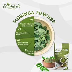 the packaging for morning powder is shown next to a bowl of green leaves and a spoon