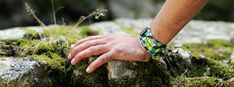 a person's hand on top of a moss covered rock