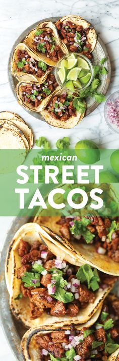 mexican street tacos on a plate with limes and cilantro