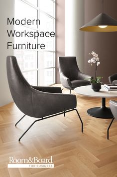 the modern workspace furniture is featured in this ad for room & board business interiors