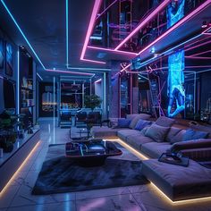 a living room filled with lots of furniture and neon lights on the ceiling above it