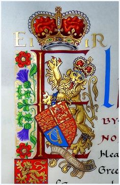 an ornate coat of arms with two lions and a crown on it, surrounded by other symbols