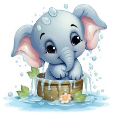 an elephant sitting on top of a wooden barrel in the water with bubbles around it