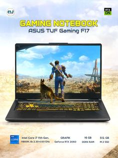 an advertisement for the gaming notebook asus tuf gaming fi7 with a man and his dog