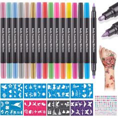 various markers and pens with different designs on them