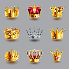 a set of golden crowns on a gray background