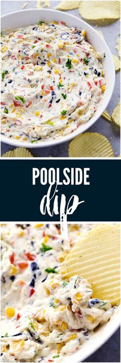 a bowl filled with dip and chips next to the words pool side dip on it