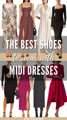 If you want to know what type of shoes to wear with midi dresses, I can help! From styling midi dresses that are shirt dresses, knit dresses, midi cocktail dresses from fall, winter to spring and summer, many shoes, boots, heels and flats can work at shoe-tease.com Shoes To Wear With Midi Dress, Midi Dress Work Outfit, Midi Dress With Tights, Midi Dress Shoes, Midi Dress Outfit Summer, Dress Work Outfit, Dress With Flats, What Shoes To Wear, Ankle Boots Heels