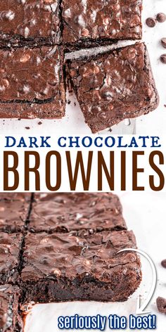 chocolate brownies on a plate with the words dark chocolate brownies seriously the best