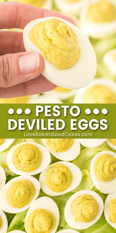 deviled eggs with pesto on top and the words deviled eggs above it