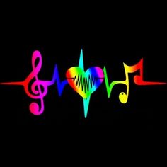 colorful music notes and musical staffs are in the shape of a heart on a black background