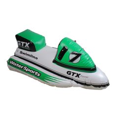 an inflatable water sport boat is shown on a white background with green trim