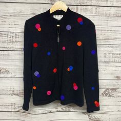 19" pit to pit, 24" long Full zip Knit with embroidered mulit-colored polka dots Excellent used condition with no flaws. Polka Dot Cardigan, Jumpers And Cardigans, Sweater Sizes, Cardigans For Women, Sweater Cardigan, Sweaters & Cardigans, Wool Blend, Sweater Outfits, Polka Dots