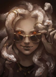 a painting of a woman with snakes around her head and sunglasses on top of her head