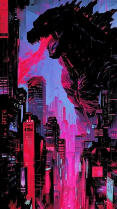 godzilla in the city with red and pink colors on it's face, looking down at