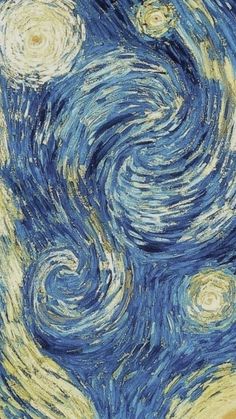 the starry night is painted in blue, yellow and white