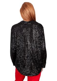 All eyes on you! Sparkling sequins accent this snap-front shirt jacket. This double-breasted piece is finished with barrel cuffs and a fashionable point collar for a true Ruby Rd flair. | Ruby Rd Women's Petite Shining Sequin Snap Front Shirt Jacket, Black, PM Sequin Embellished Top, Bell Sleeve Shirt, Sequin Tee, Color Block Top, Target Clothes, Embellished Top, Boyfriend T Shirt, Denim Skirts, Sequin Top