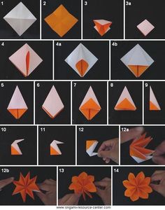 instructions to make an origami bird with orange and white feathers, on black background