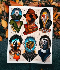 stickers on the back of a poster depicting different characters