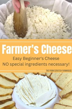 Quick and easy farmer's cheese in the cheese curd stage and then pressed into slices of cheese plated with some bread. Family Milk Cow, Farmers Cheese Recipes, Farmer’s Cheese, Raw Cheese