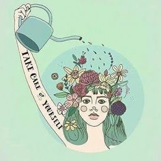 a drawing of a woman holding a watering can with flowers on her head and the words,