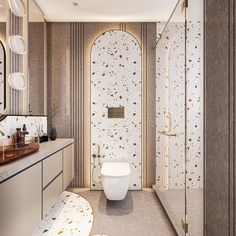 a bathroom with a toilet, sink and shower in it's own area is shown