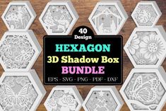 the hexagon 3d shadow box bundle is shown on a wooden surface with paper cut outs