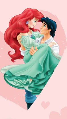 the little mermaid and prince kissing each other in front of a heart shaped pink background