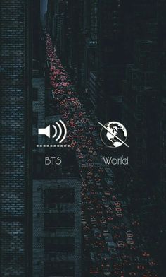 an aerial view of a city at night with the words bt's world on it