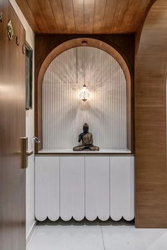 a person sitting on top of a counter in front of a doorway with a light above it