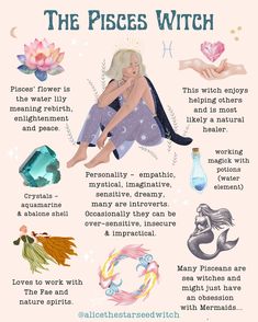 the pisces witch poster with its meanings and their corresponding symbols, including crystals