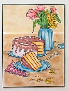 a drawing of a piece of cake on a plate next to a vase with flowers