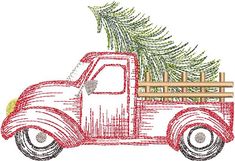 a red truck with a christmas tree on the back is shown in this embroidery design