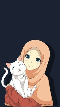 an anime character holding a white cat with blue eyes and wearing a hijab