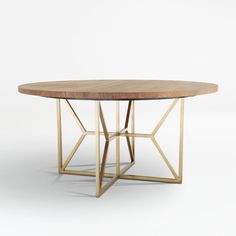 a wooden table with metal legs and a circular top on an isolated white background,