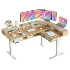 a computer desk with two monitors and a laptop on top of it, in front of a white background