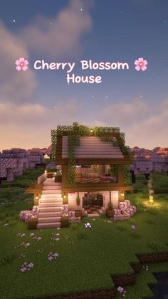 a house with stairs and flowers in the front yard for cherry blossom house on minecraft